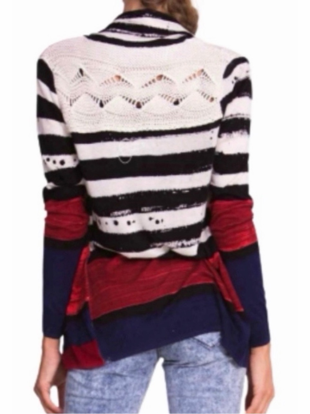 Desigual Striped Knit Layered Cardigan - Black, White, Red, Navy